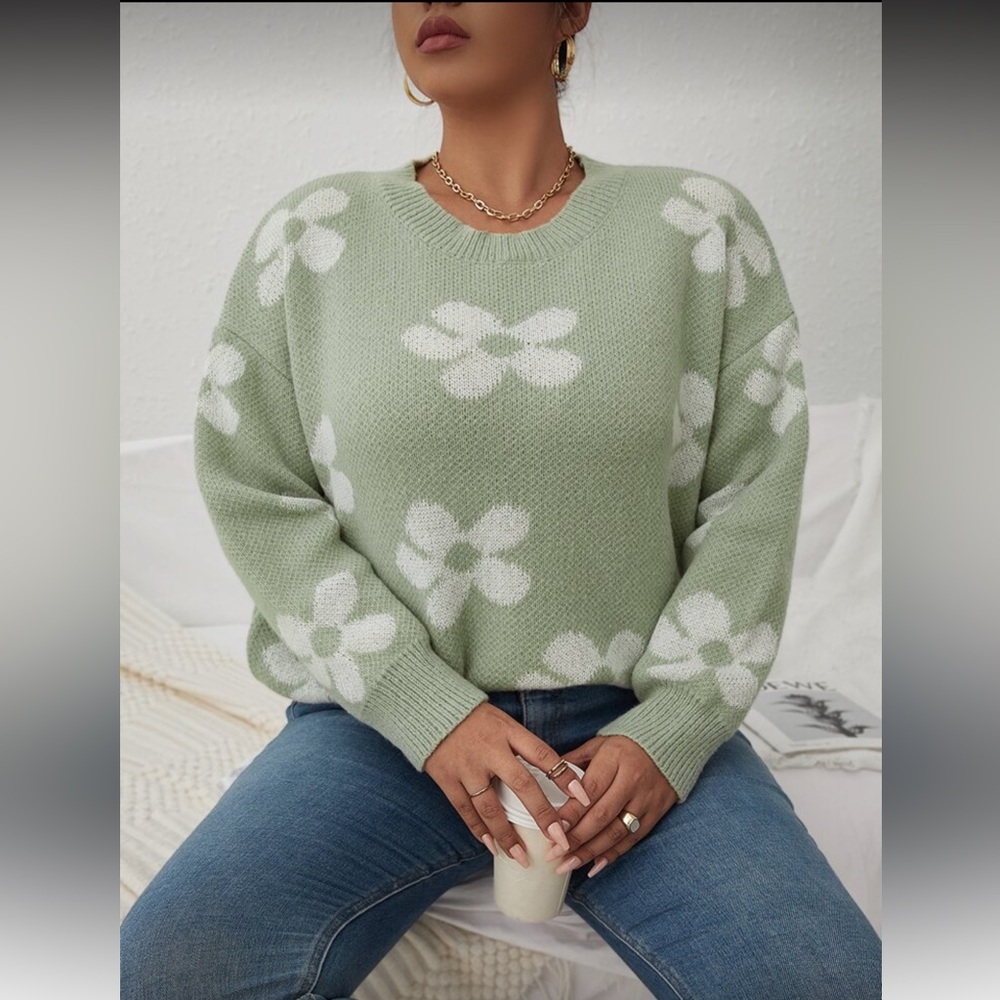 SHEIN Mint Green Floral Knit Sweater